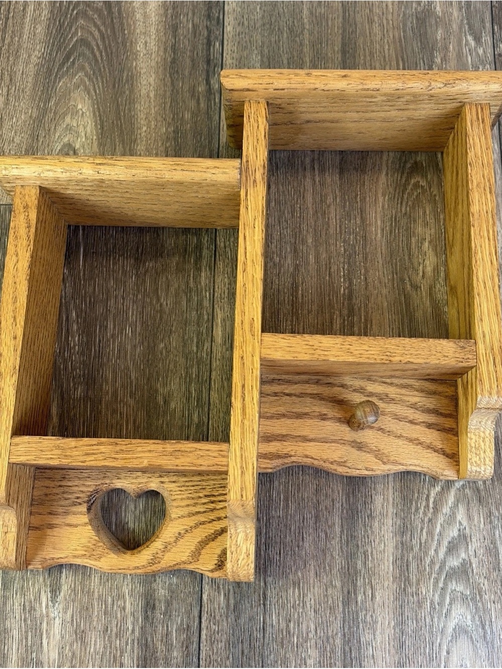 Vintage 2 Tier Step Wood Display Wall Shelf Heart Cut Out Cubby Box Knick Knack